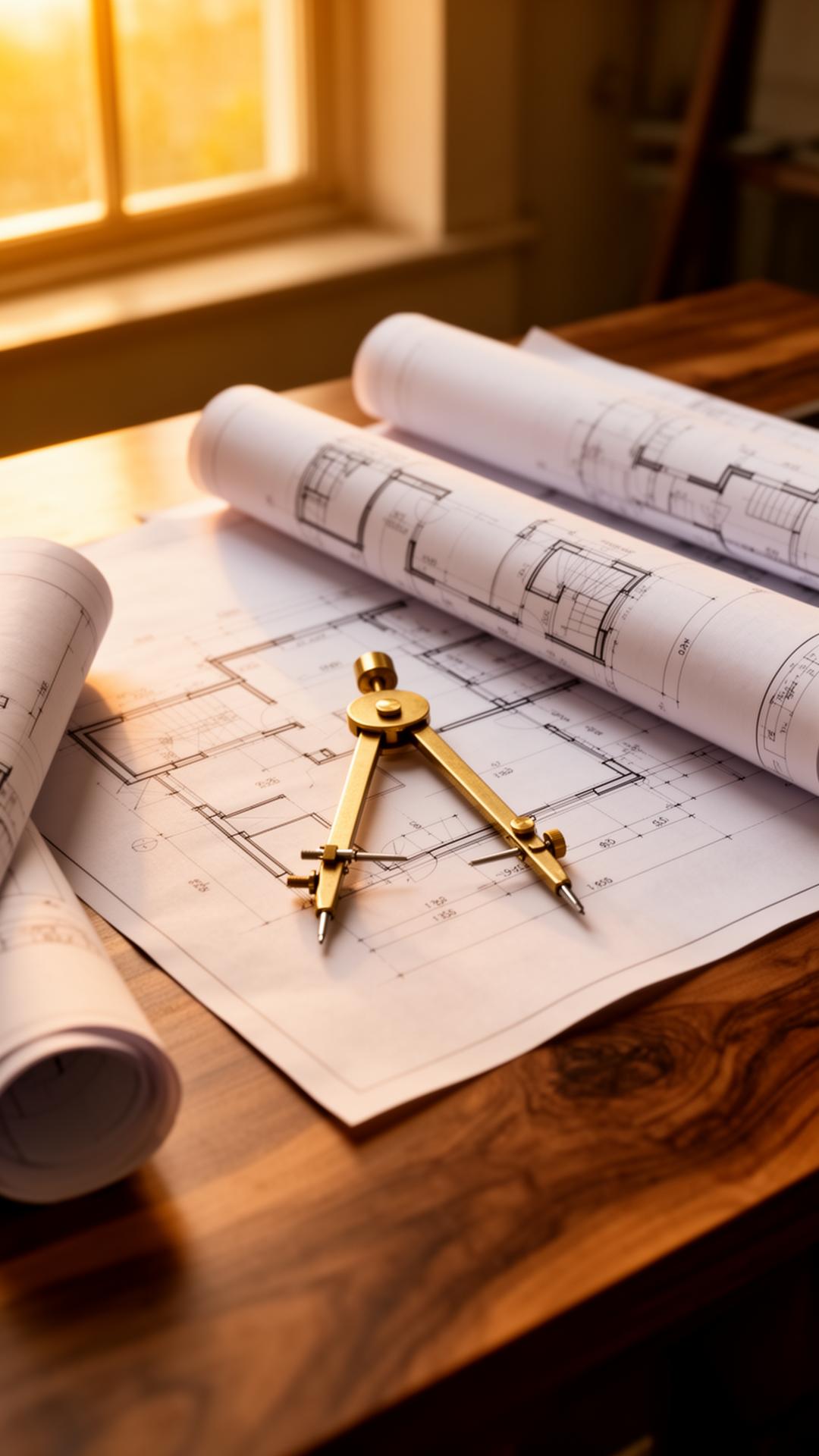 Architectural blueprints and brass compass in the conceptecture design studio, Vijayawada